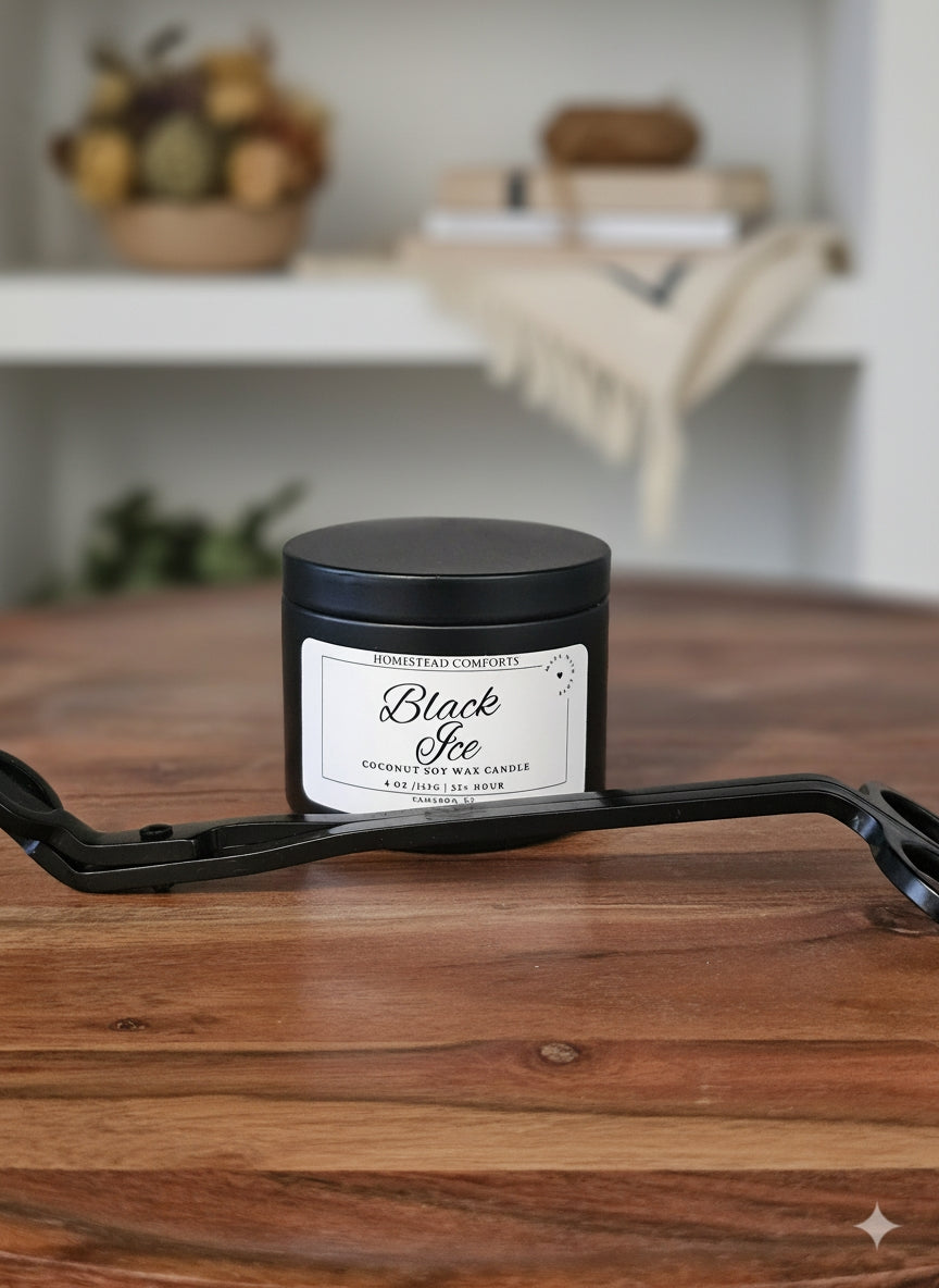 Hand-Poured Coconut Soy Candle with Wood Crackle Wick | 4 oz Black Tin