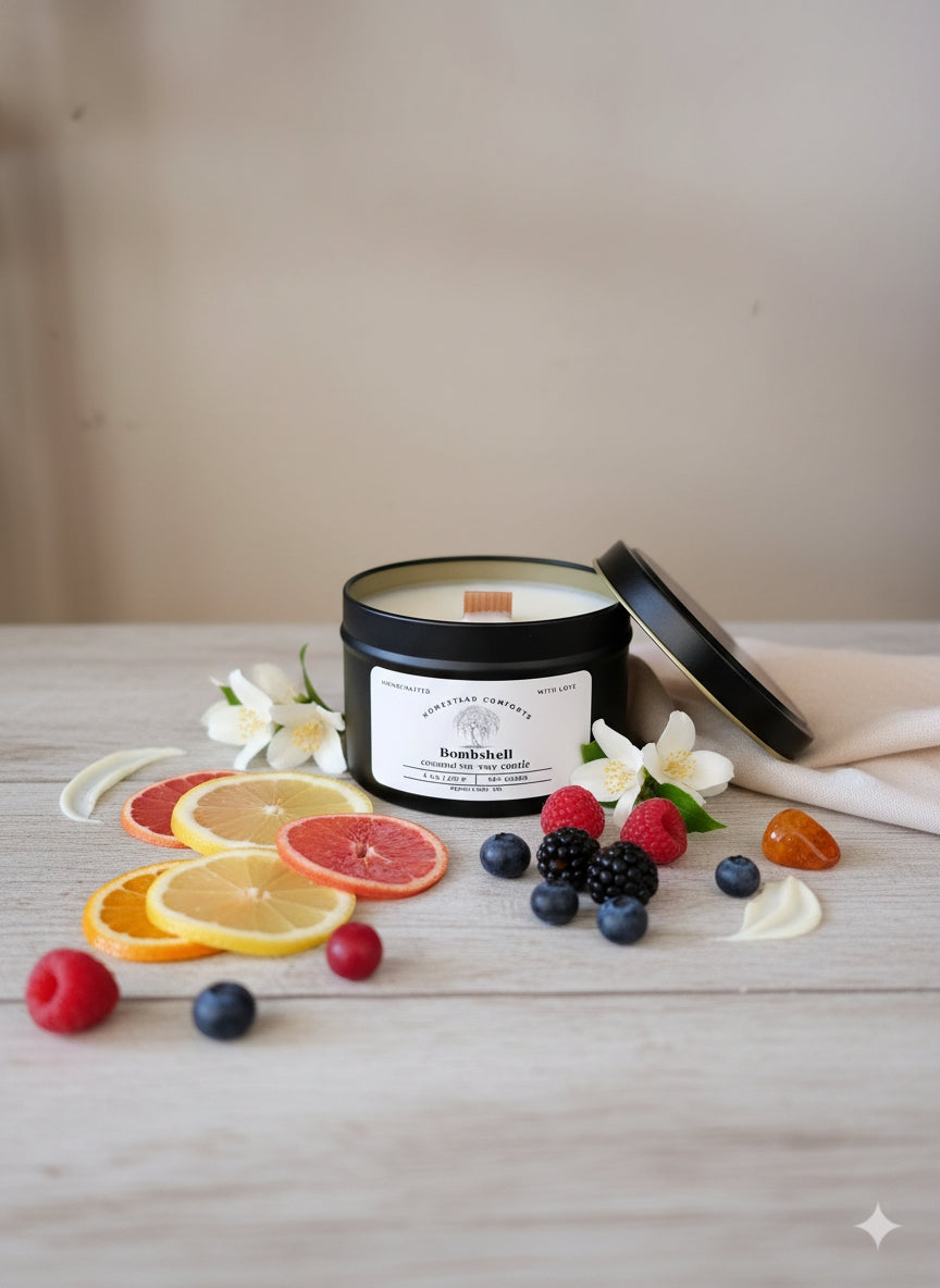 Hand-Poured Coconut Soy Candle with Wood Crackle Wick | 8 oz Black Tin