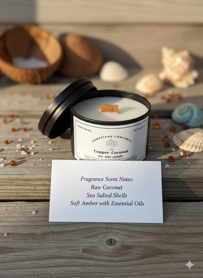 Hand-Poured Coconut Soy Candle with Wood Crackle Wick | 8 oz Black Tin