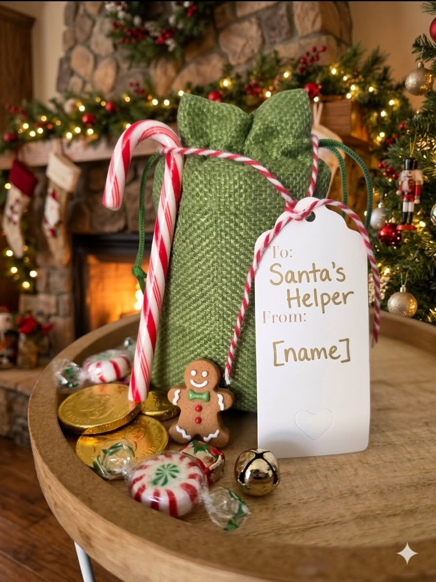 Rustic Green Burlap Drawstring Gift Bag + Tag
