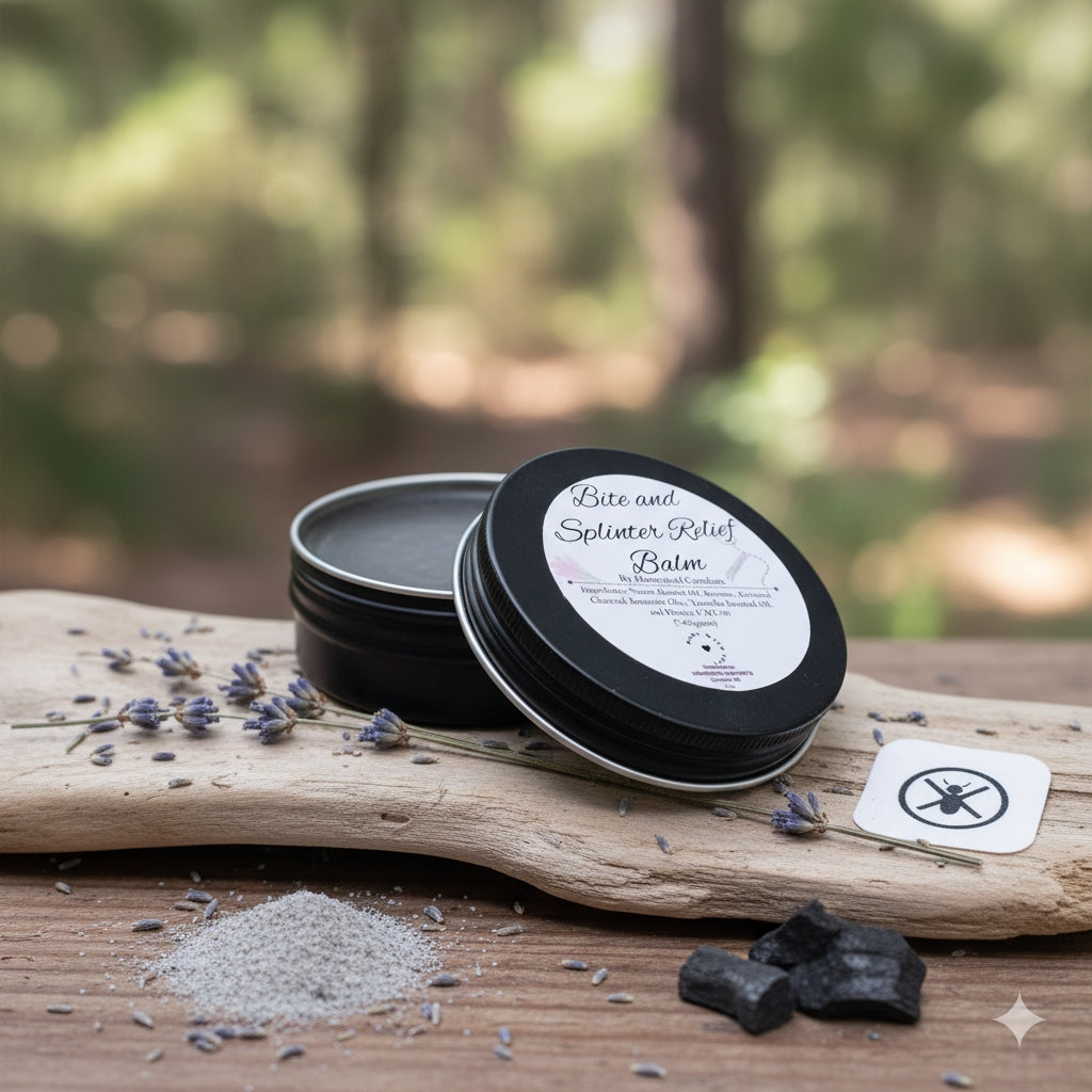 A natural relief balm made with activated charcoal and bentonite clay to draw out splinters, soothe insect bites, reduce irritation, and support the skin’s natural healing process.