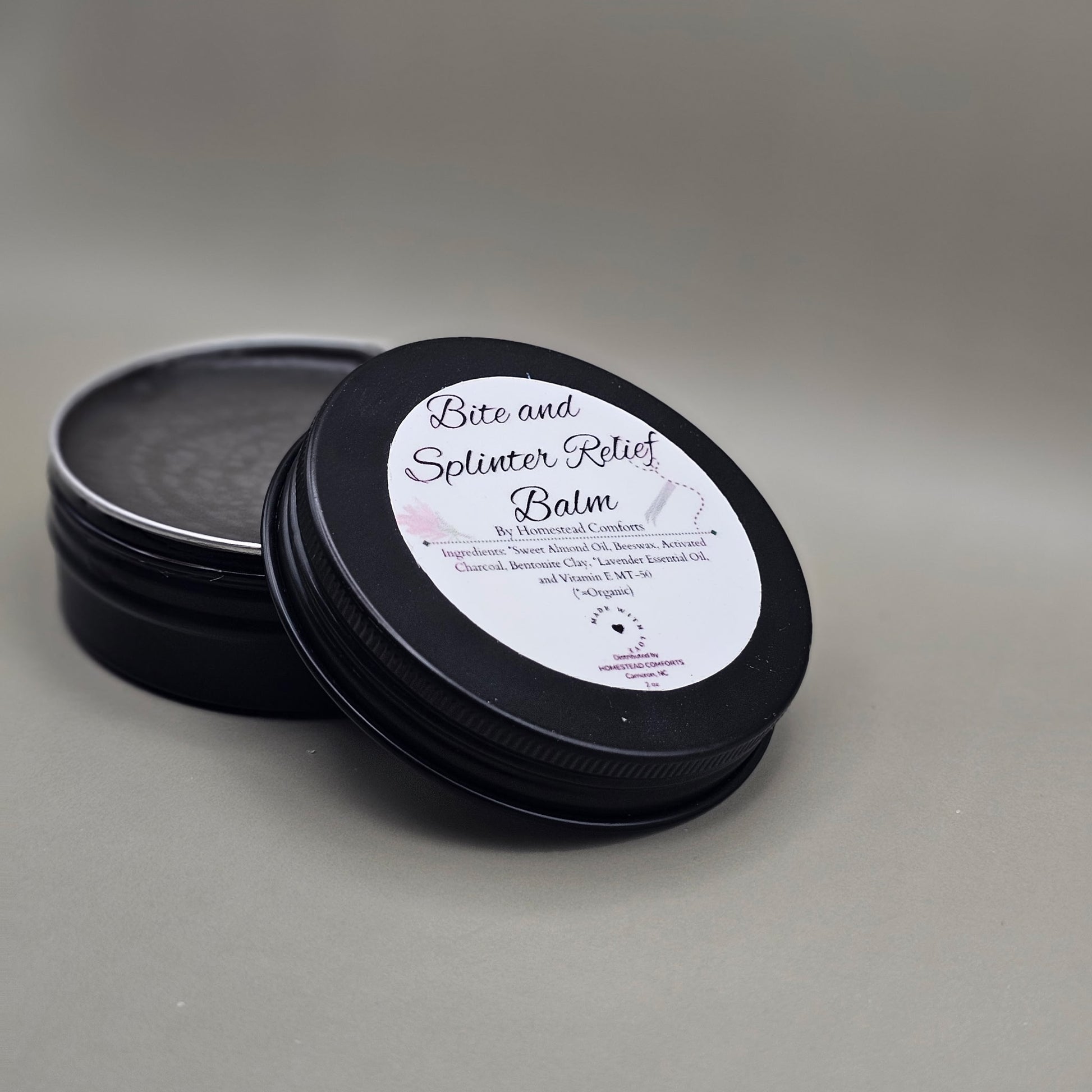 A natural relief balm made with activated charcoal and bentonite clay to draw out splinters, soothe insect bites, reduce irritation, and support the skin’s natural healing process.
