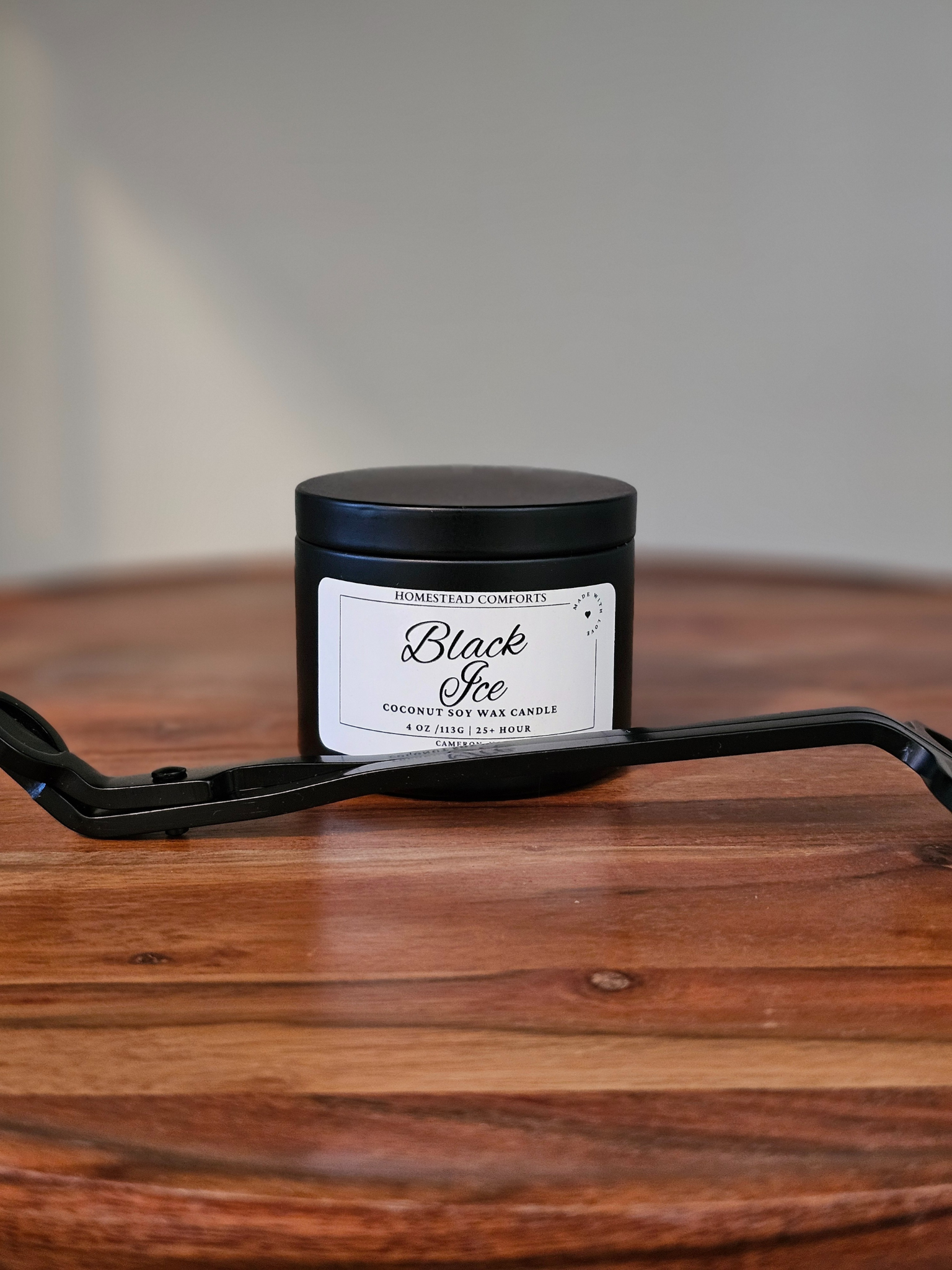 Hand-Poured Coconut Soy Candle with Wood Crackle Wick | 4 oz Black Tin