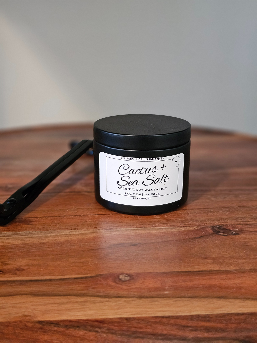 Hand-Poured Coconut Soy Candle with Wood Crackle Wick | 4 oz Black Tin