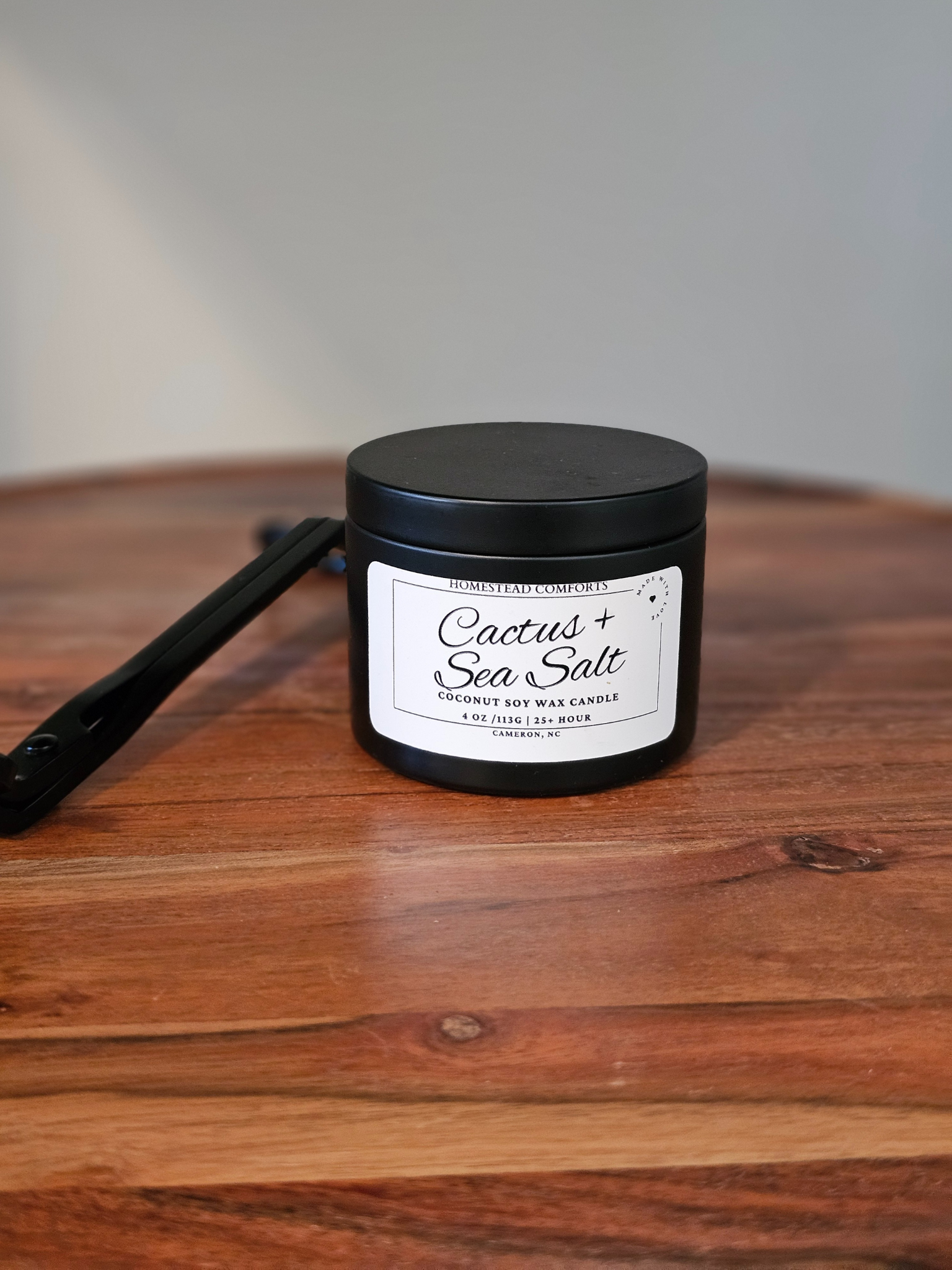 Hand-Poured Coconut Soy Candle with Wood Crackle Wick | 4 oz Black Tin