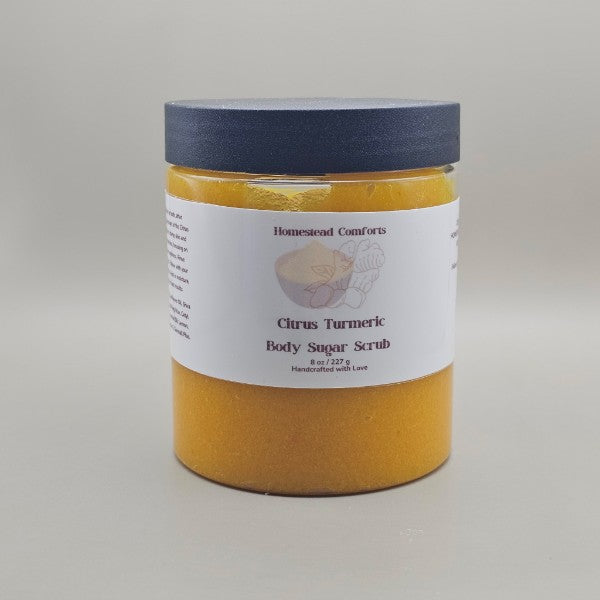 A creamy, exfoliating sugar scrub infused with turmeric and uplifting citrus essential oils to smooth, brighten, and nourish skin while invigorating the senses.