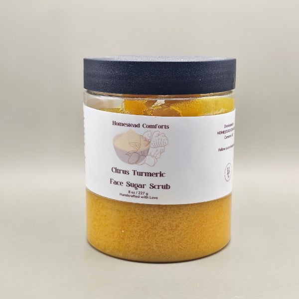 A nourishing sugar scrub with turmeric and citrus essential oils that gently exfoliates, smooths skin texture, and promotes a radiant, even-toned complexion.