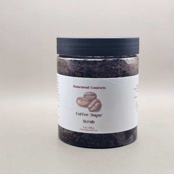 Coffee Sugar Scrub in jar — coarse exfoliating body scrub with natural coffee grounds for smooth, hydrated skin