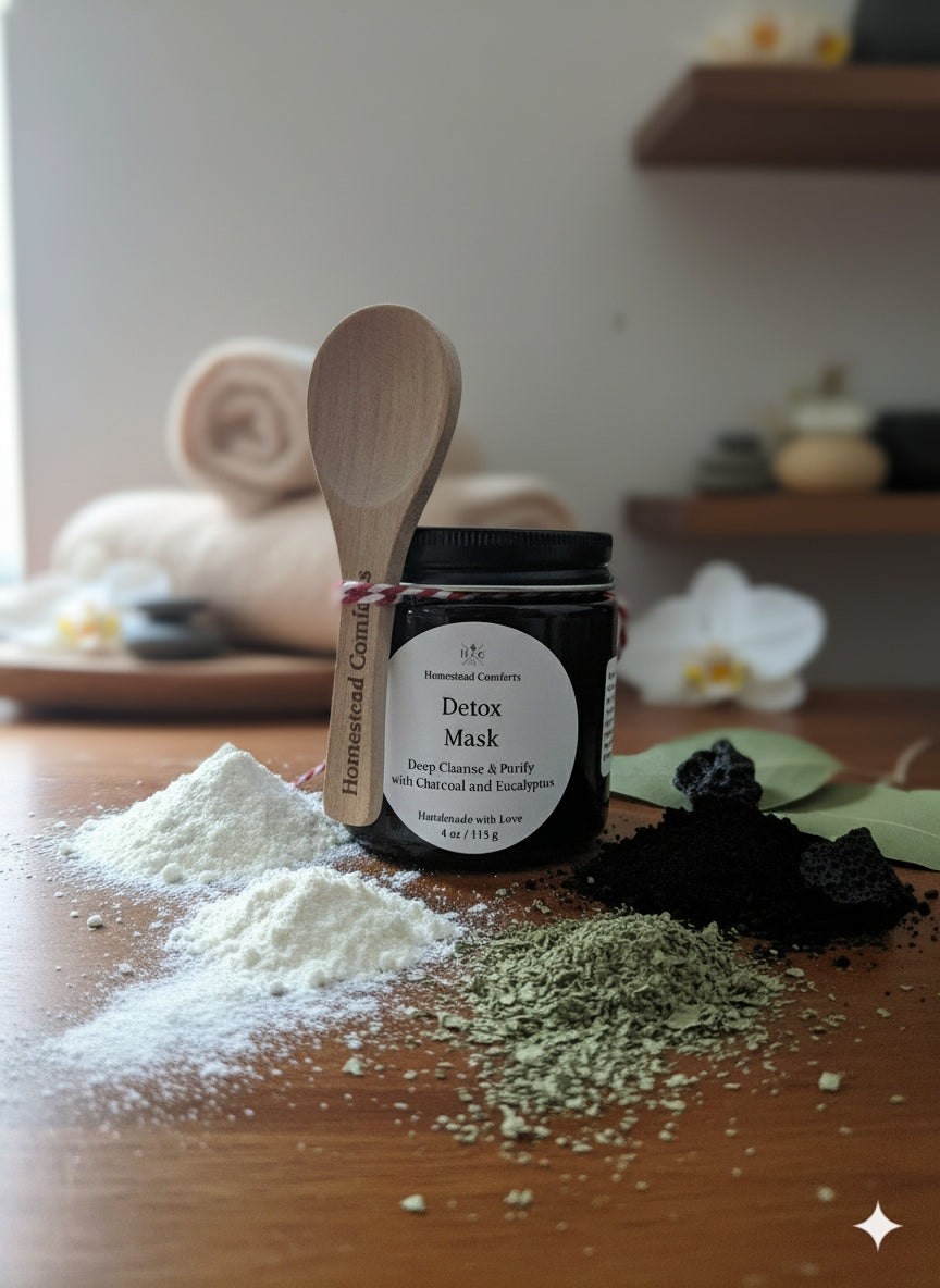 A close-up image of the "Detox Mask" 2 oz product jar. The powder inside is dark gray/black, showing the texture of charcoal and clay powder. The label clearly reads "Detox Face Mask | Deep Cleanse & Purify | 2 oz" in a clean, simple font.