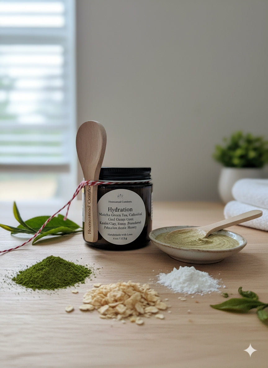  A close-up image of the "Hydration Mask" 2 oz product jar. The powder inside is light green, showing flecks of green tea and oatmeal powder. The label clearly reads "Hydration Face Mask | Soothe & Nourish Skin | 2 oz" in a clean, simple font.
