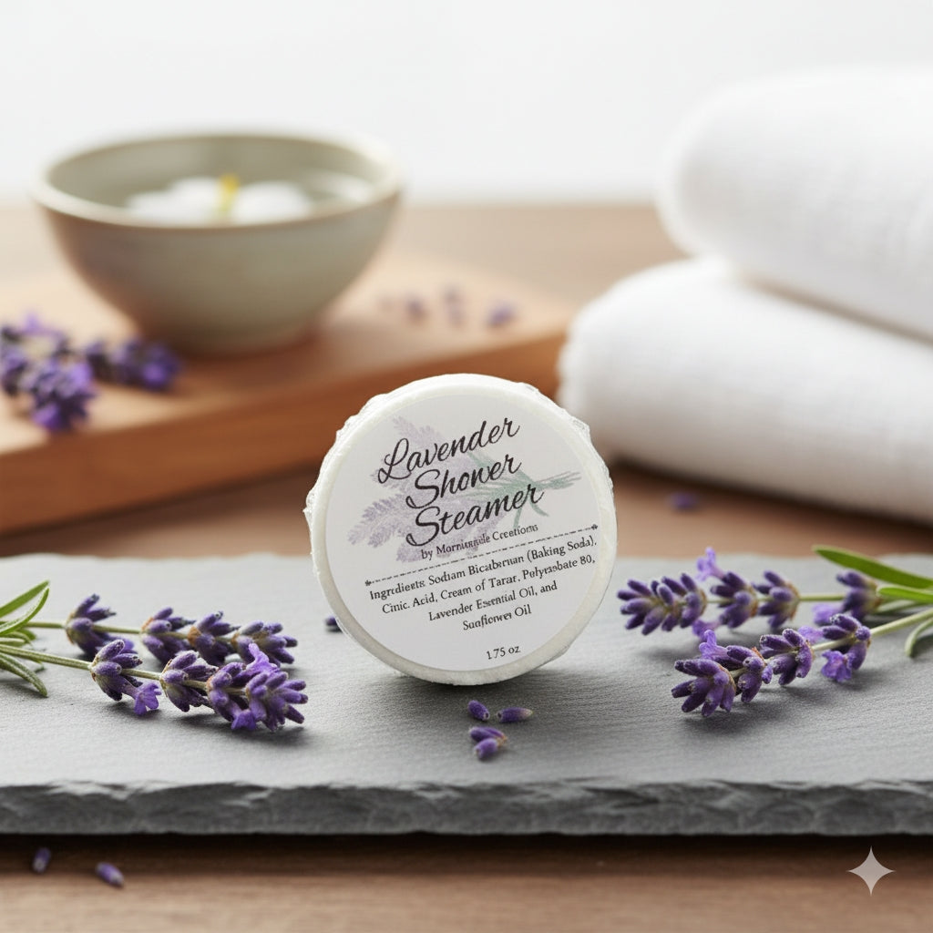 Invigorating Shower Steamers – handcrafted aromatherapy tablets infused with lavender essential oils for a spa-like shower experience, available in multiple mood-enhancing blend.