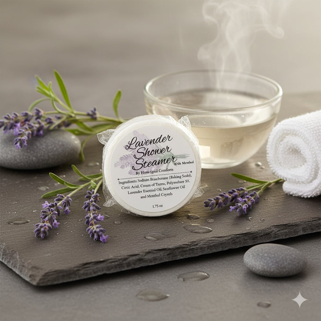 Invigorating Shower Steamers – handcrafted aromatherapy tablets infused with lavender with menthol essential oils for a spa-like shower experience, available in multiple mood-enhancing blends.