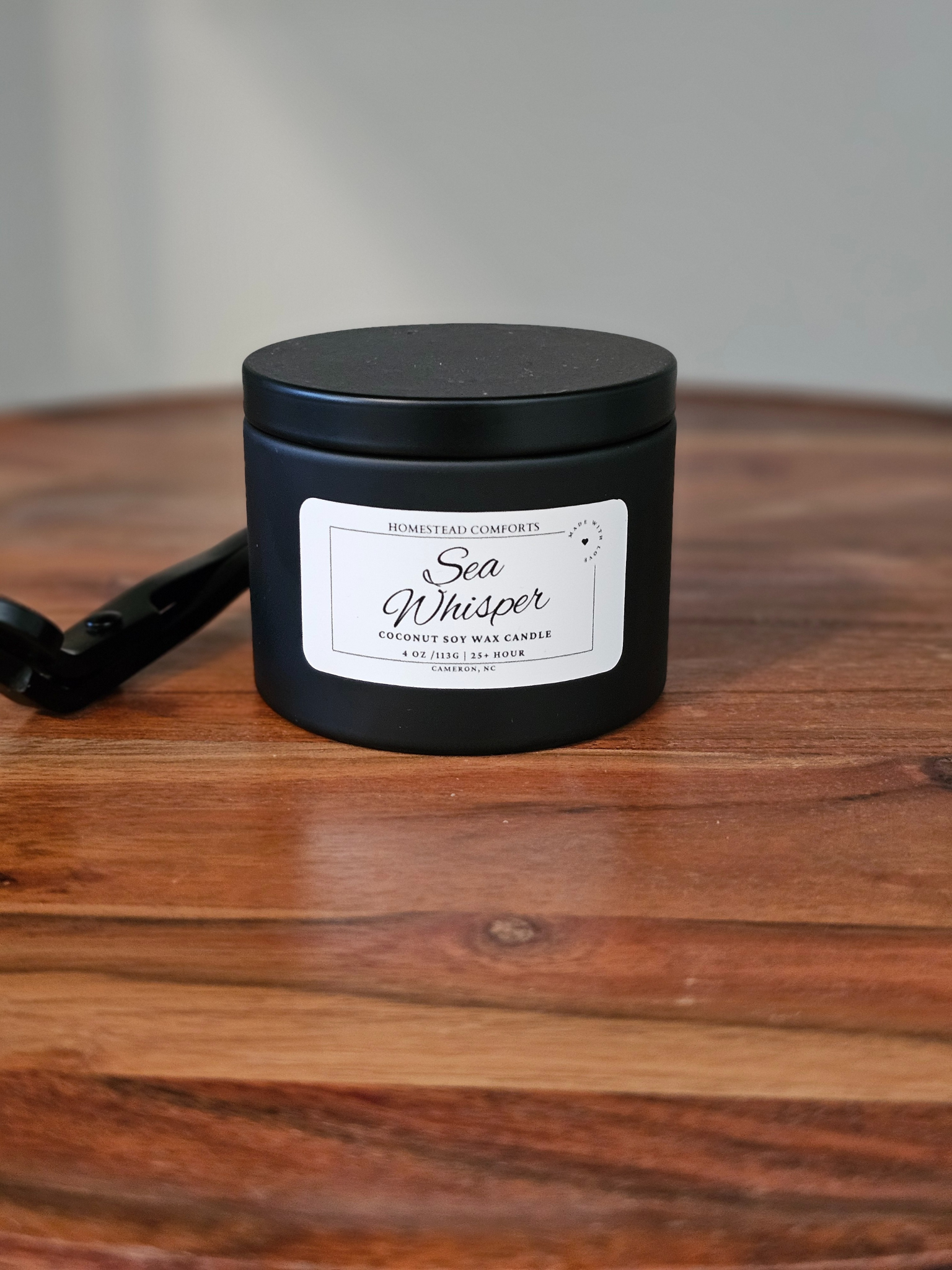 Hand-Poured Coconut Soy Candle with Wood Crackle Wick | 4 oz Black Tin