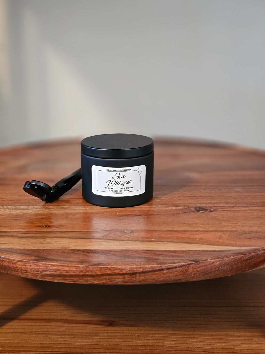 Hand-Poured Coconut Soy Candle with Wood Crackle Wick | 4 oz Black Tin