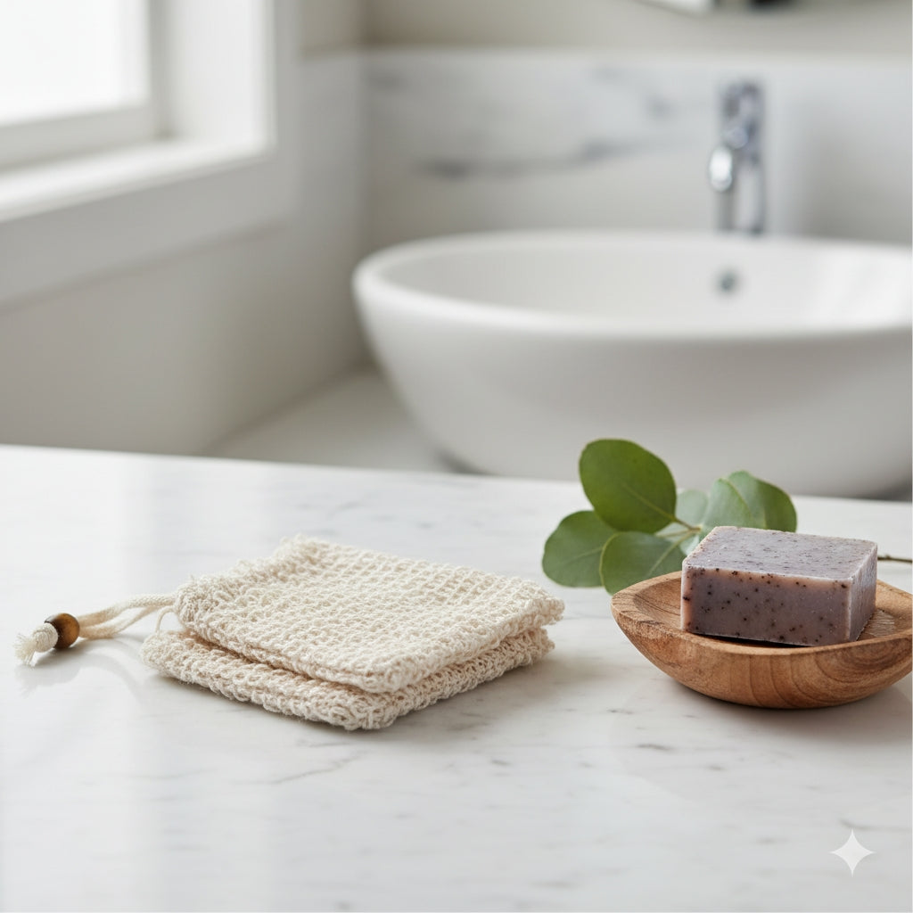 Homestead Comforts Soap Saver Pouch | Exfoliating Bag for Longer Soap Use | pictured with Turmeric Soap