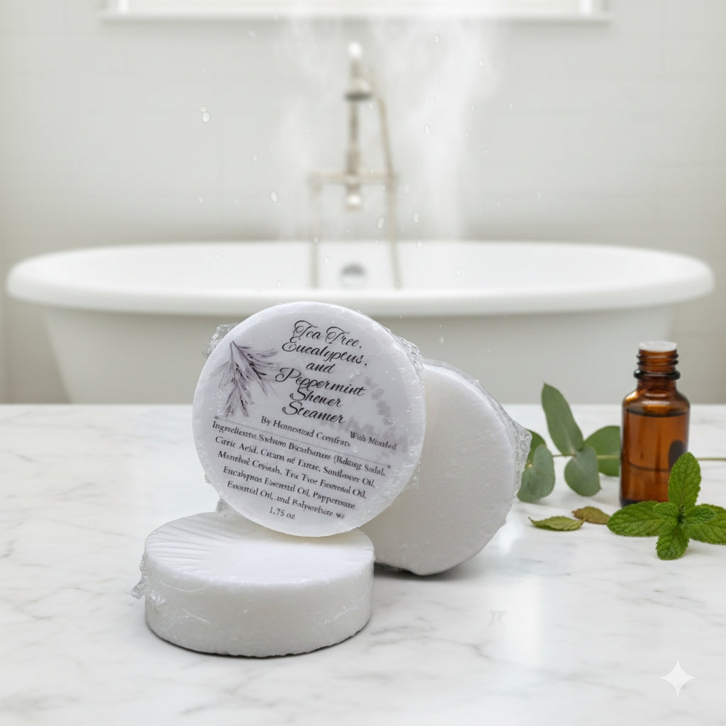 Invigorating Shower Steamers – handcrafted aromatherapy tablets infused with tea tree, eucalyptus and peppermint with menthol essential oils for a spa-like shower experience, available in multiple mood-enhancing blends.